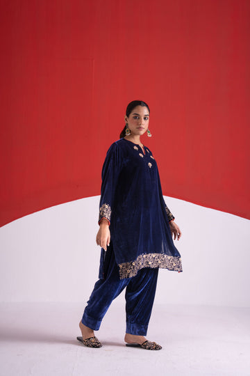 Roha blue gota and pitta work velvet short kurta set