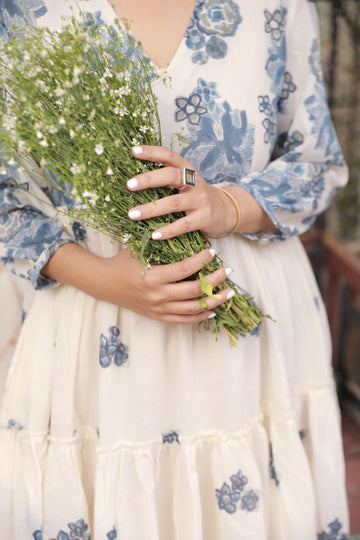 Ayat ivory blue hand block printed cotton dress