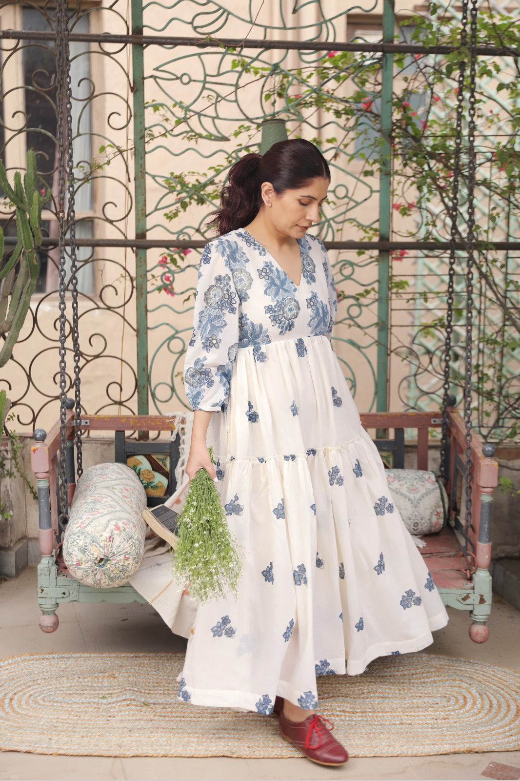 Ayat ivory blue hand block printed cotton dress